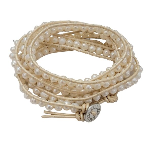 Victoria Emerson White Leather and Pearls Wrap Bracelet, 36" Long K338 - Picture 1 of 6
